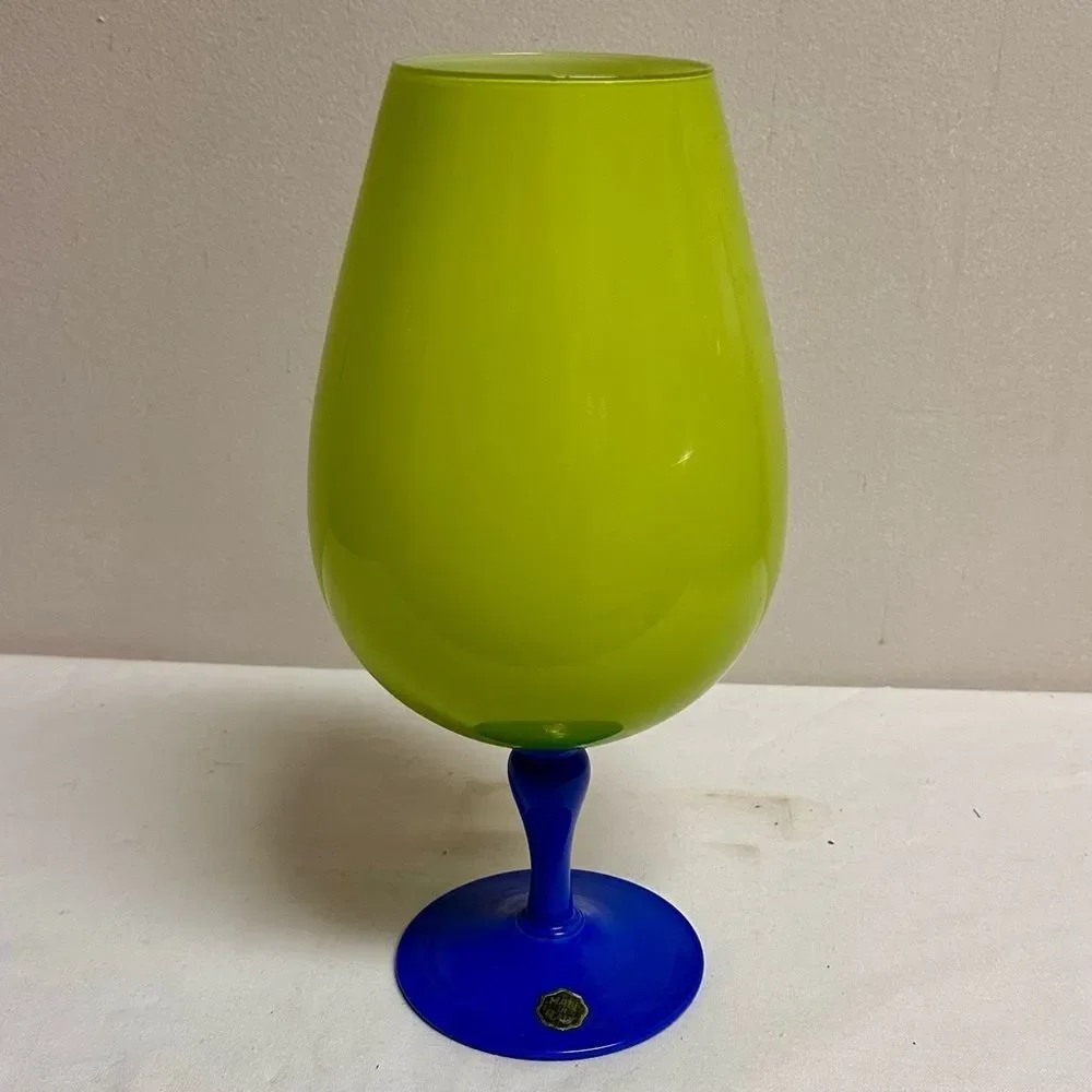 Vintage Chartreuse Green and Periwinkle Blue Italian Empoli Snifter Vase